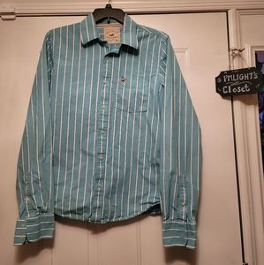 Hollister XL Shirt Button Down Teal Blue White Stripe